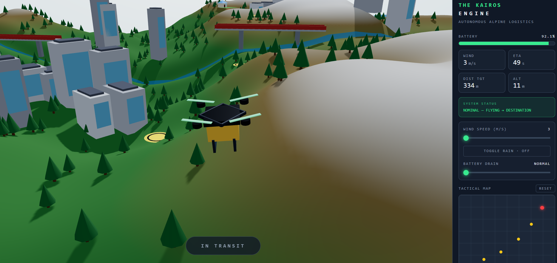 3D drone delivery simulation with live telemetry panel