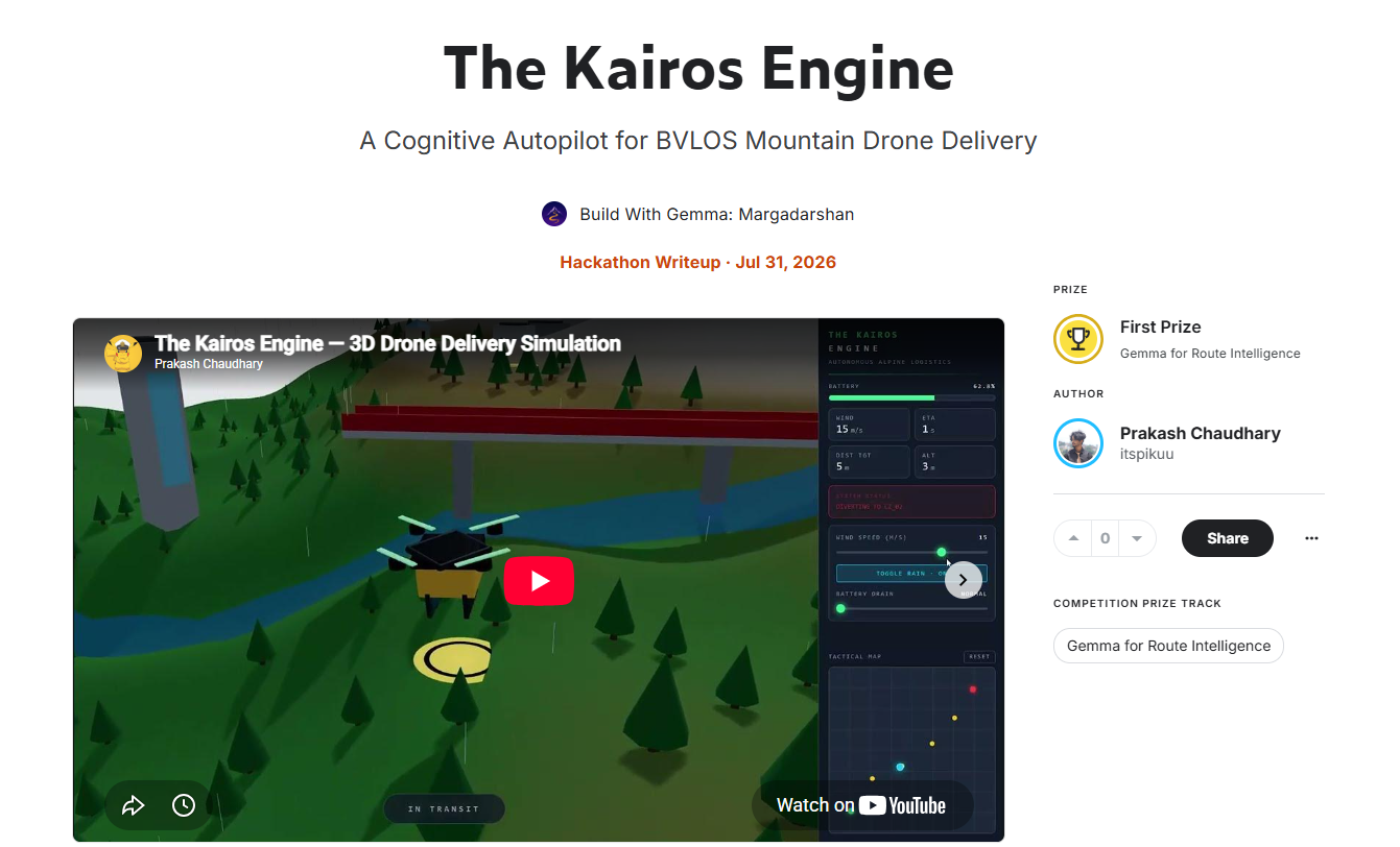 Hackathon writeup page showing first prize
